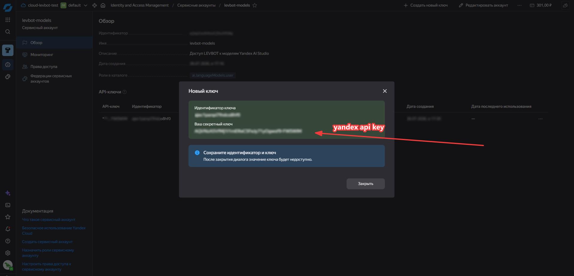 Копирование API-ключа
